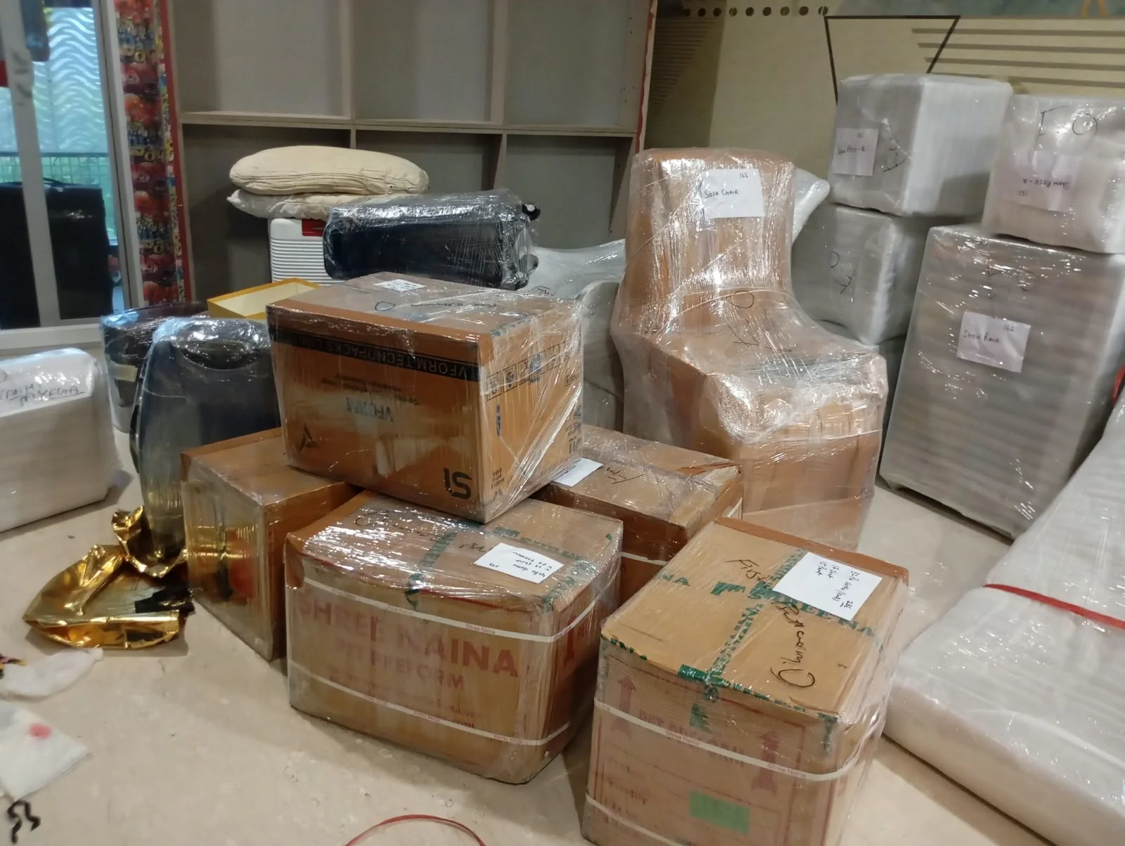 Cartons and furniture prepared together